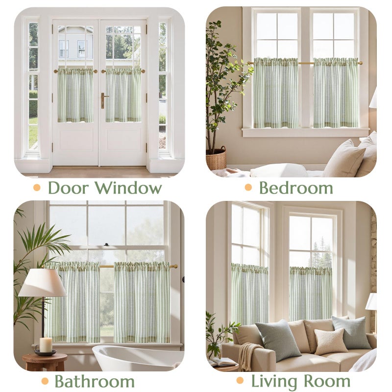 jinchan Striped Linen Kitchen Curtains 24 Inches Length Tier Curtains Farmhouse Modern Cafe Style Small Window Treatments Airy Light Filtering Rod Pocket for Living Room Bathroom 2 Panels Sage Green - Image 4
